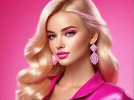 Cute blonde girl, doll style in fashion pink dress, studio pink background AI Generated photo