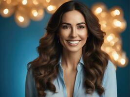 Surprised happy beautiful woman. Isolated on blue background AI Generated photo