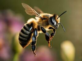 volador miel abeja coleccionar polen a flor. ai generado foto