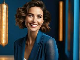 Surprised happy beautiful woman. Isolated on blue background AI Generated photo