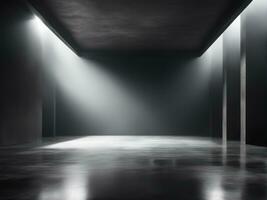 Dark room or stage with concrete floor background for product placement. Panoramic view of the abstract fog. AI Generated photo