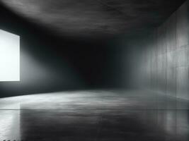 Dark room or stage with concrete floor background for product placement. Panoramic view of the abstract fog. AI Generated photo