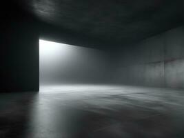Dark room or stage with concrete floor background for product placement. Panoramic view of the abstract fog. AI Generated photo