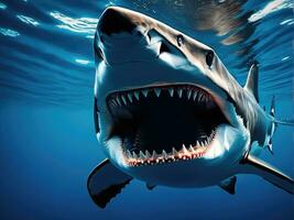 Ocean shark bottom view from below. Open toothy dangerous mouth AI Generated photo