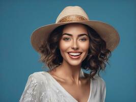 Surprised happy beautiful woman. Isolated on blue background AI Generated photo