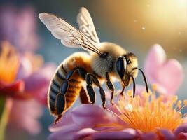 Flying honey bee collecting pollen at flower. AI Generated photo