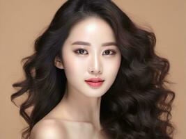 joven asiático belleza mujer con coreano maquillaje estilo. Perfecto piel en aislado beige antecedentes. ai generado foto