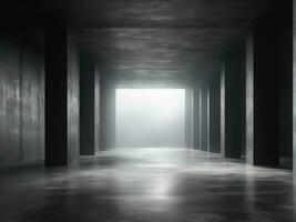 Dark room or stage with concrete floor background for product placement. Panoramic view of the abstract fog. AI Generated photo