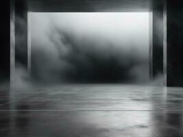 Dark room or stage with concrete floor background for product placement. Panoramic view of the abstract fog. AI Generated photo