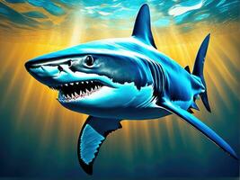 Ocean shark bottom view from below. Open toothy dangerous mouth AI Generated photo