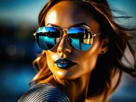 Lovely woman. Outdoor shot of glamorous happy girl in sunglasses. AI Generated photo