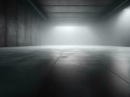 Dark room or stage with concrete floor background for product placement. Panoramic view of the abstract fog. AI Generated photo