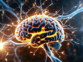 Brain showing neurons firing and neural extensions AI Generated photo