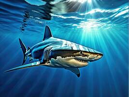 Ocean shark bottom view from below. Open toothy dangerous mouth AI Generated photo