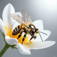 Flying honey bee collecting pollen at flower. AI Generated photo