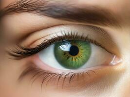 Close up detail beautiful eye macro, fashion naturel makeup AI Generated photo