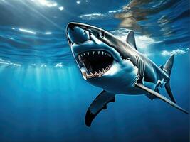 Ocean shark bottom view from below. Open toothy dangerous mouth AI Generated photo