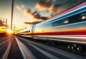 photo of high speed modern commuter train, motion blur AI Generated