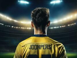 Soccer player wearing in uniform on backdrop lstadium AI Generated photo