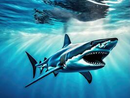Ocean shark bottom view from below. Open toothy dangerous mouth AI Generated photo