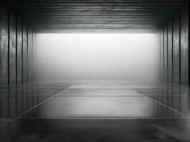 Dark room or stage with concrete floor background for product placement. Panoramic view of the abstract fog. AI Generated photo