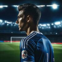 fútbol jugador vistiendo en uniforme en fondo estadio ai generado foto