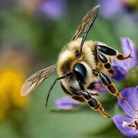 Flying honey bee collecting pollen at flower. AI Generated photo