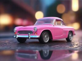 Pink retro car on vintage street background AI Generated photo