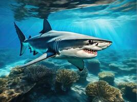 Ocean shark bottom view from below. Open toothy dangerous mouth AI Generated photo