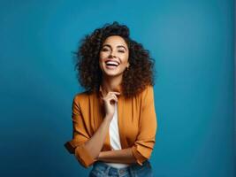Surprised happy beautiful woman. Isolated on blue background AI Generated photo