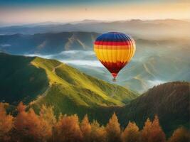 Colorful hot air balloon flying over mountain AI Generated photo