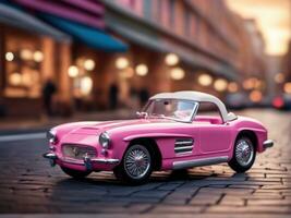 Pink retro car on vintage street background AI Generated photo