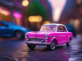 Pink retro car on vintage street background AI Generated photo