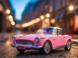 Pink retro car on vintage street background AI Generated photo