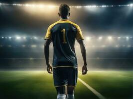 fútbol jugador vistiendo en uniforme en fondo estadio ai generado foto