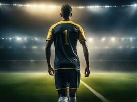 Soccer player wearing in uniform on backdrop lstadium AI Generated photo