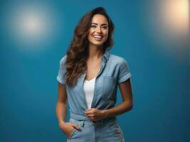 Surprised happy beautiful woman. Isolated on blue background AI Generated photo