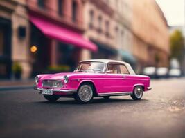 Pink retro car on vintage street background AI Generated photo