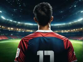 Soccer player wearing in uniform on backdrop lstadium AI Generated photo