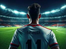 Soccer player wearing in uniform on backdrop lstadium AI Generated photo