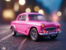 Pink retro car on vintage street background AI Generated photo