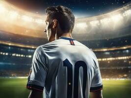 Soccer player wearing in uniform on backdrop lstadium AI Generated photo