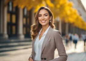 joven contento sonriente negocio mujer, en pie al aire libre en calle ai generado foto