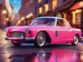 Pink retro car on vintage street background AI Generated photo