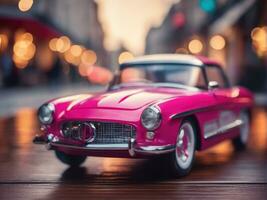 Pink retro car on vintage street background AI Generated photo