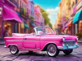 Pink retro car on vintage street background AI Generated photo