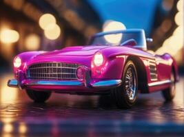 Pink retro car on vintage street background AI Generated photo