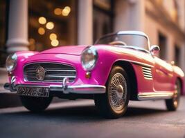 Pink retro car on vintage street background AI Generated photo