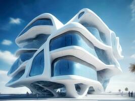 blanco futurista edificio en contra el azul cielo y blanco nubes ai generado foto