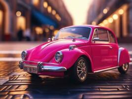 Pink retro car on vintage street background AI Generated photo